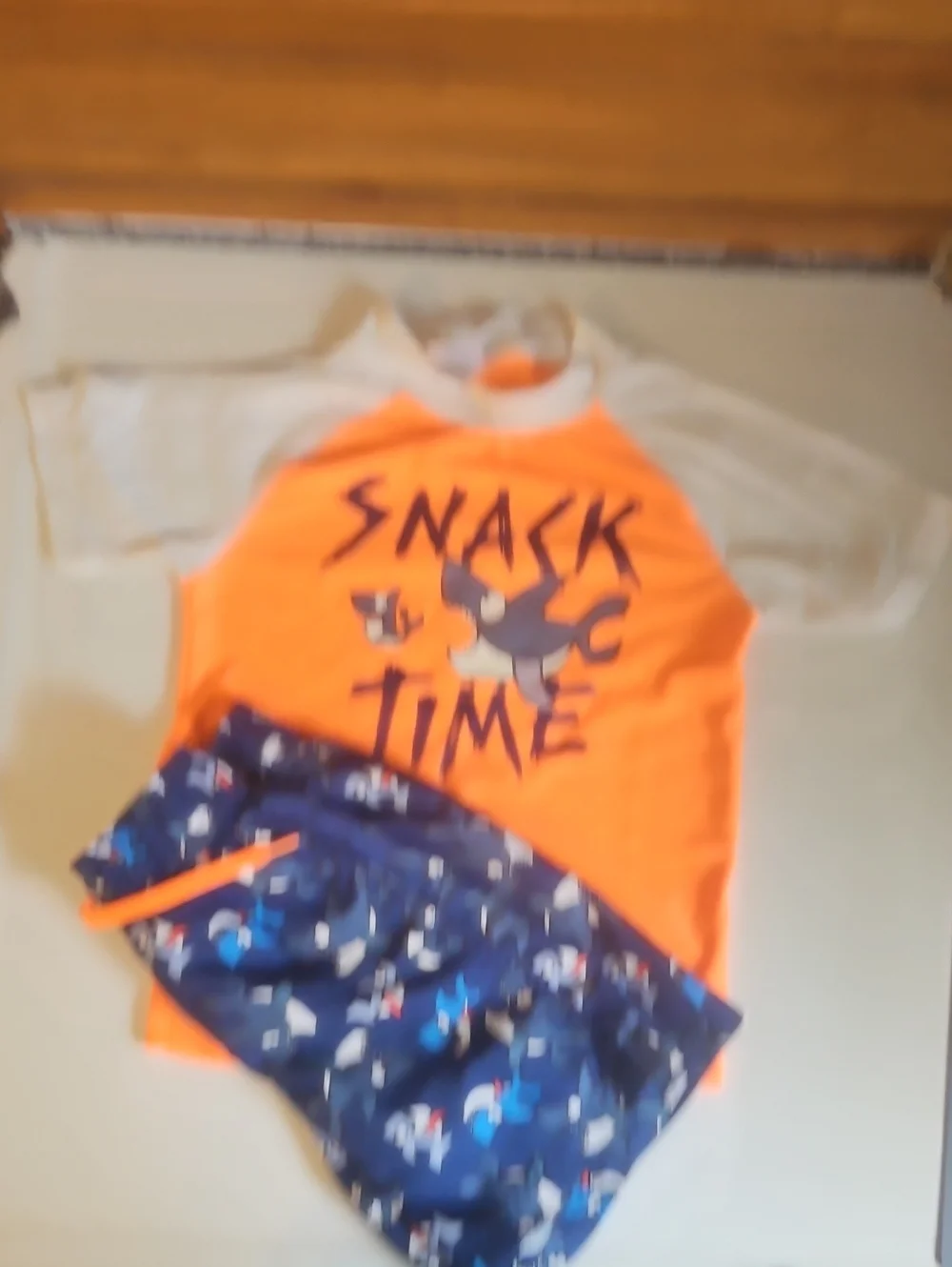 Kids Orange 'Snack Time' Swim Trunks Set with Navy Space Print Shorts